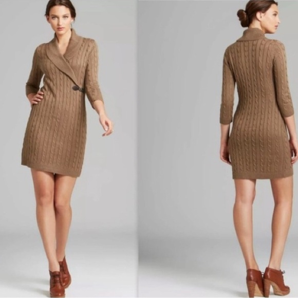 Calvin Klein cableknit v-neck tan sweater dress - Picture 1 of 4